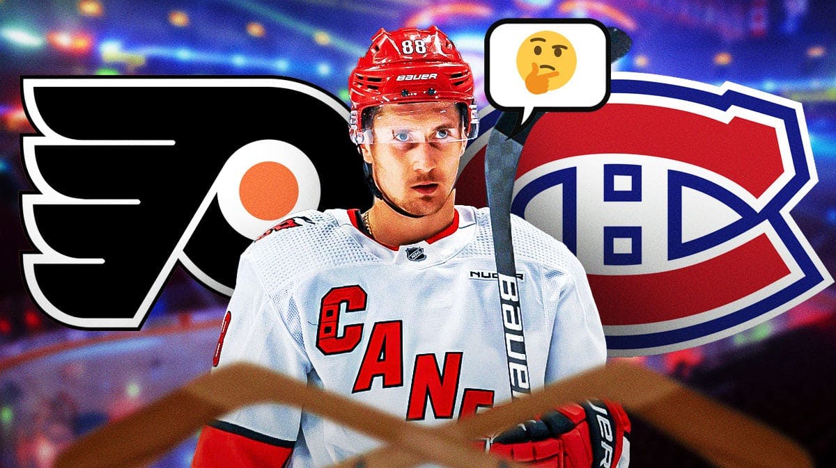 Carolina Hurricanes player Martin Necas with a caption bubble from him the 🤔 emoji. Philadelphia Flyers and Montreal Canadiens logos