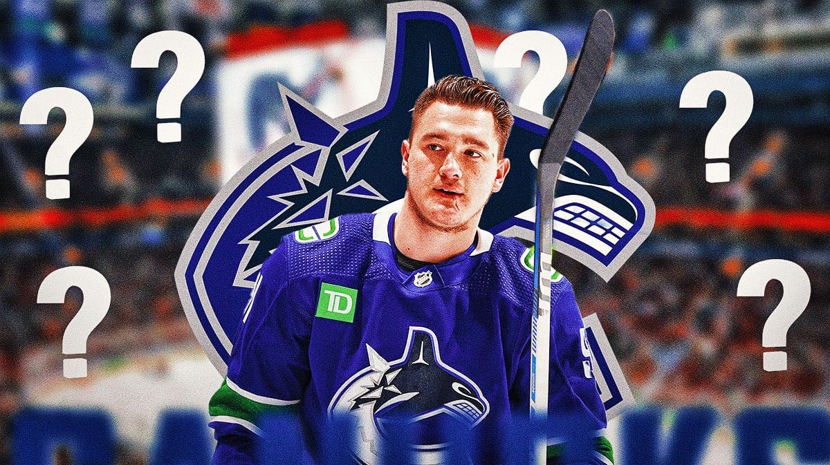Vancouver Canucks defenseman Nikita Zadorov surrounded by question mark emojis. There is also a logo for the Vancouver Canucks.