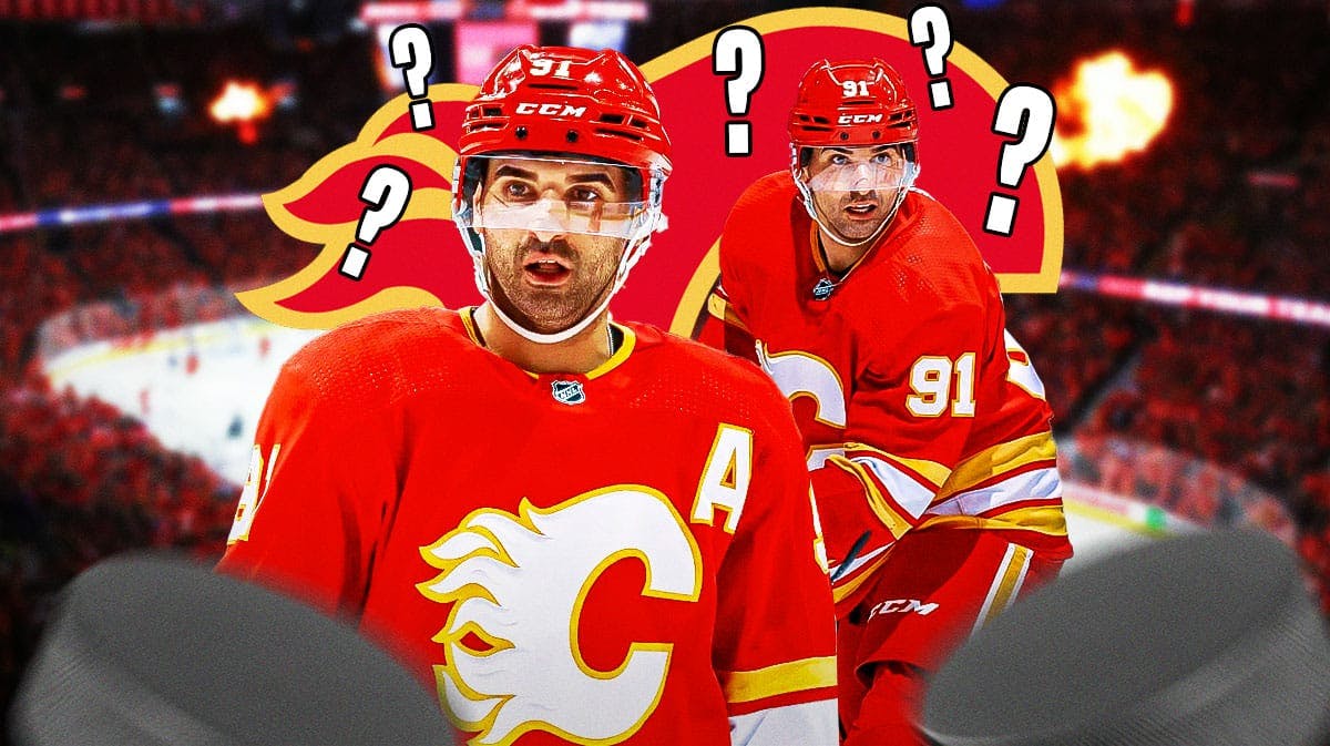 Nazem Kadri in image looking stern, Calgary Flames logo, 3-5 question marks, hockey rink in background
