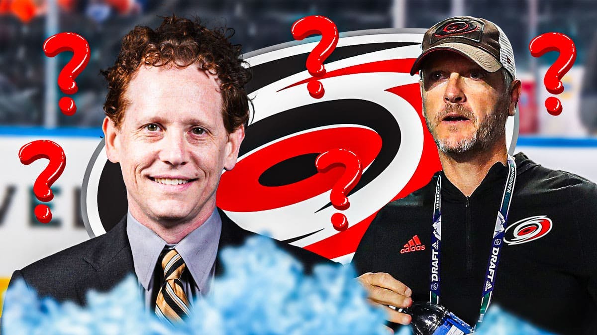 Eric Tulsky and Tom Dundon both in image, Carolina Hurricanes logo in middle, 3-5 question marks, hockey rink in background