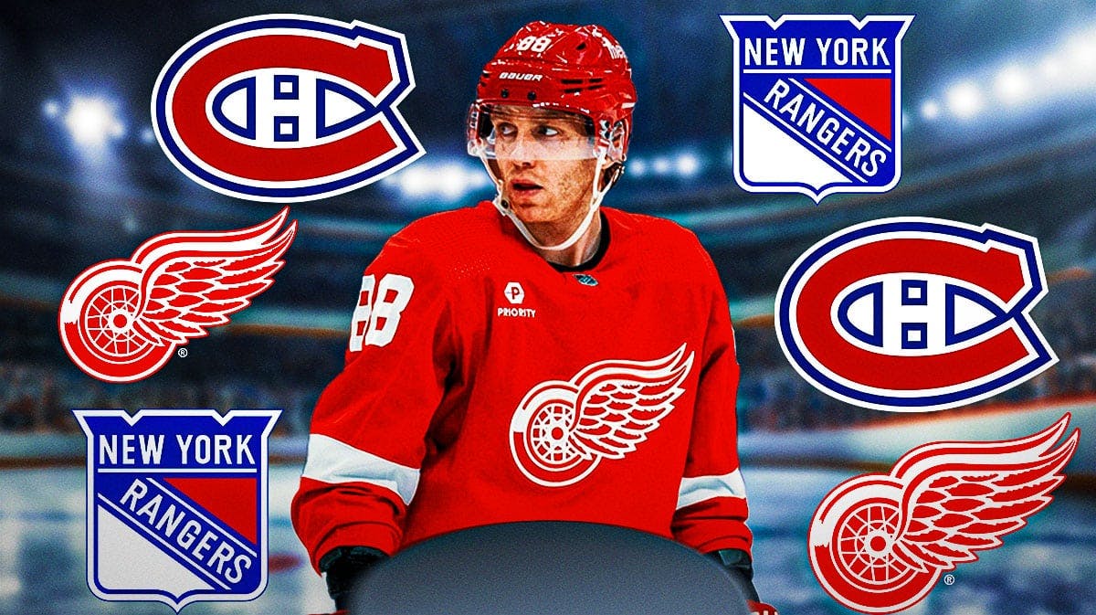 Patrick Kane, Red Wings, Canadiens and NY Rangers logos around him.