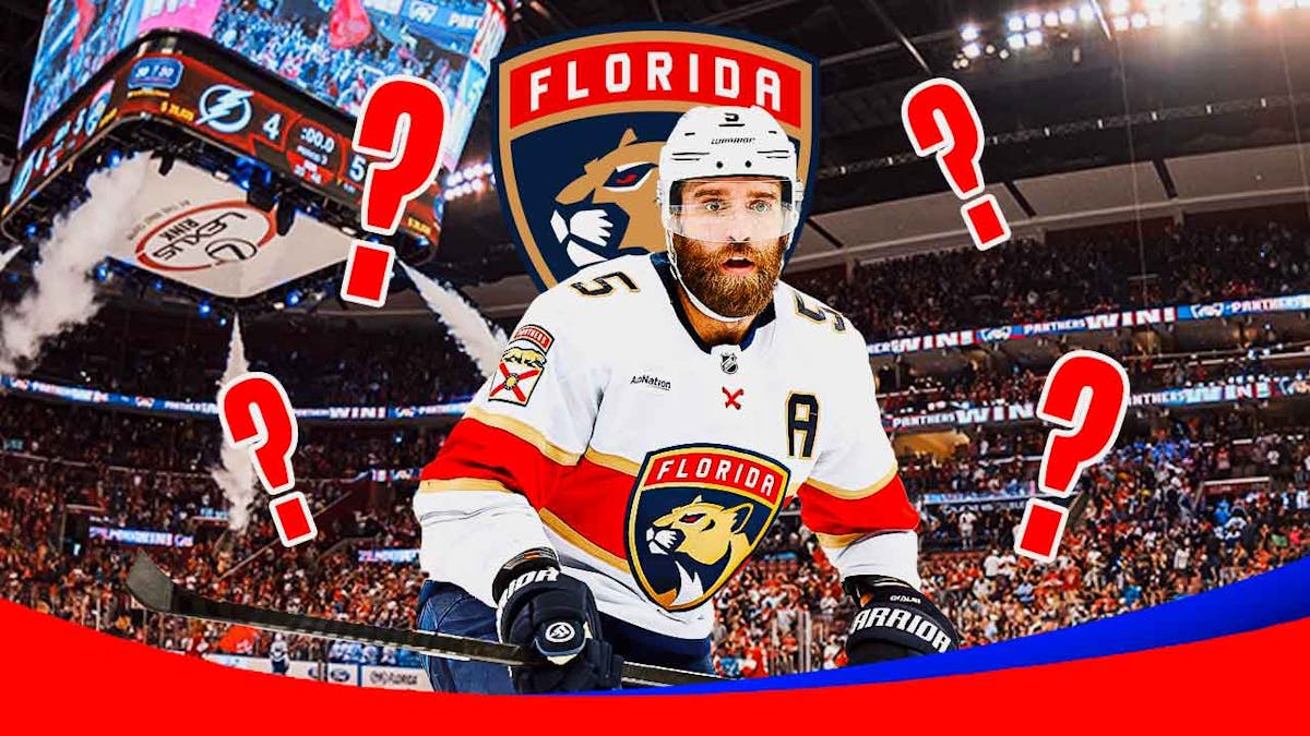 Aaron Ekblad in middle of image looking stern, Florida Panthers logo, 3-5 question marks, hockey rink in background