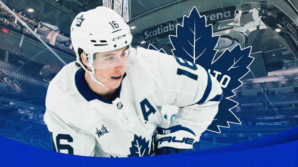 Mitch Marner wearing a uniform with a question mark on it. Maple Leafs logo as background.