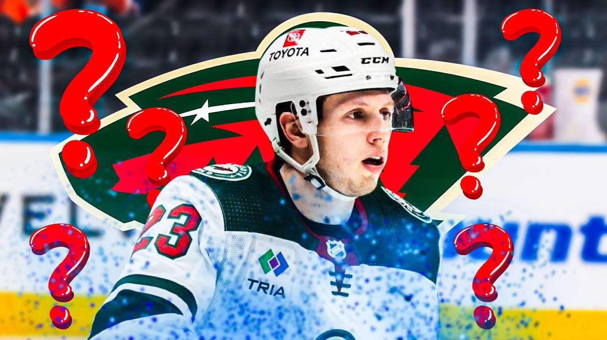 Marco Rossi in middle of image looking stern, 3-5 question marks in image, Minnesota Wild logo, hockey rink in background