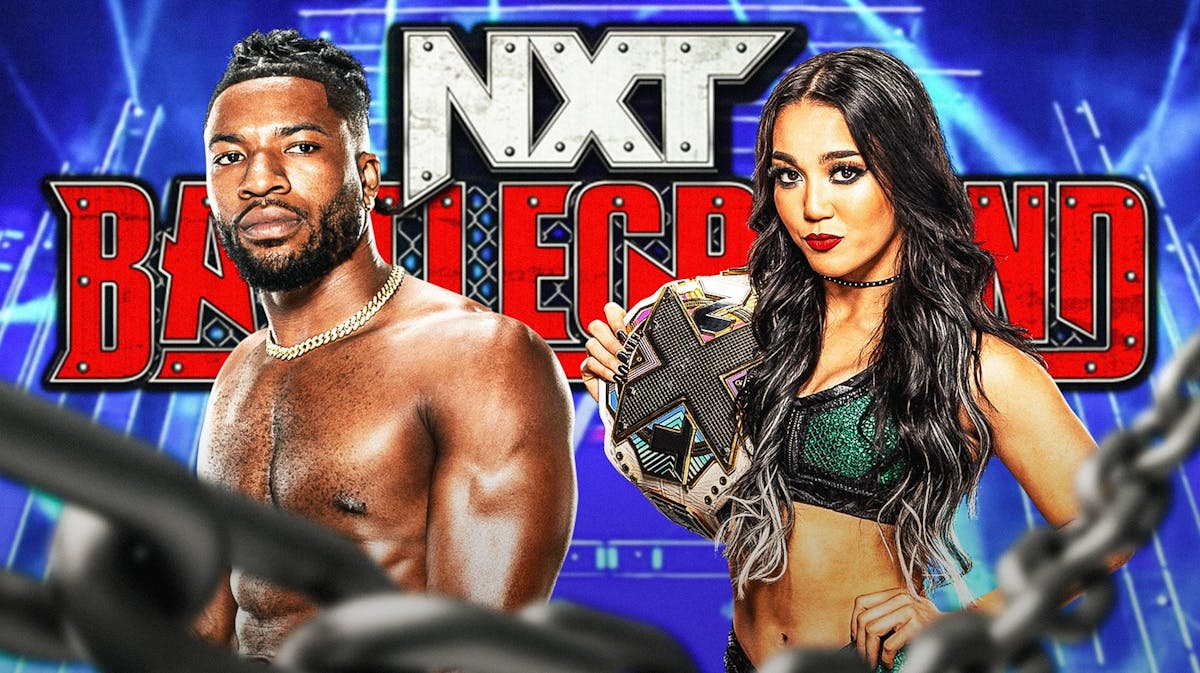 Trick Williams and Roxanne Perez with the NXT Battleground logo as the background.