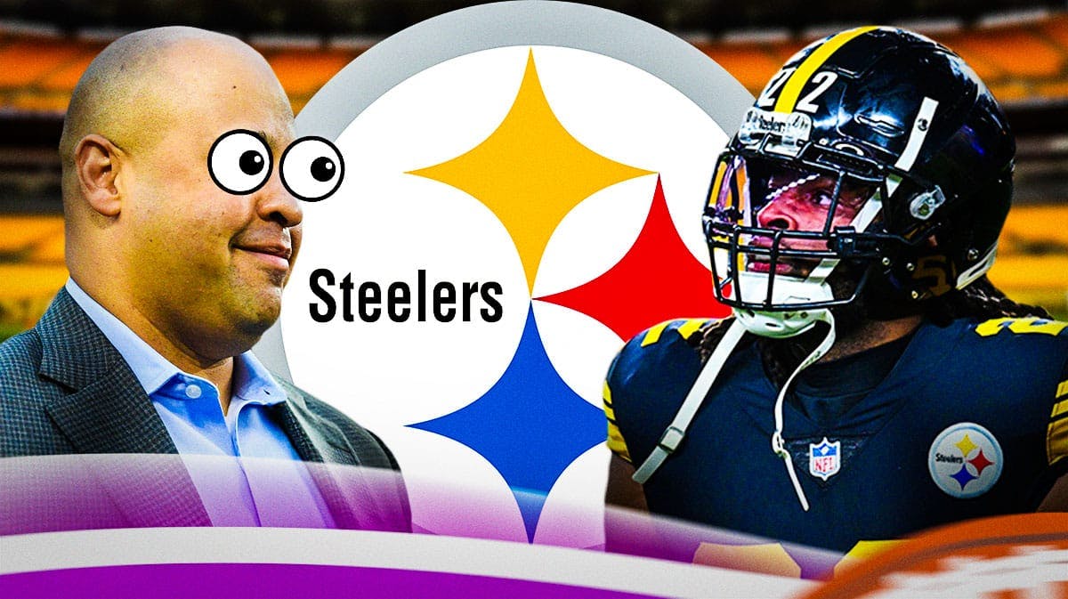 Steelers Omar Khan with emoji eyes looking at Najee Harris