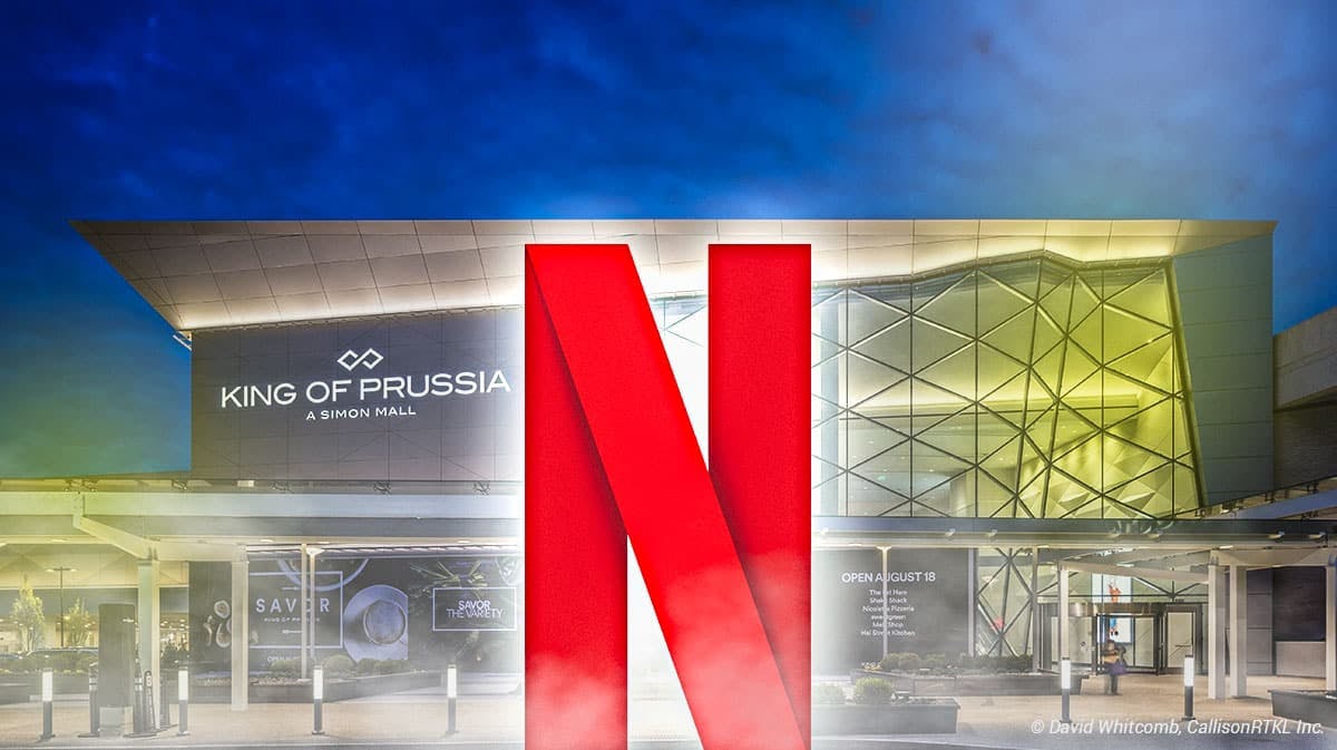 Netflix logo with King of Prussia Mall (location of Netflix House) in background.