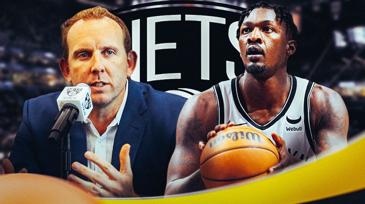 Sean Marks and Dorian Finney-Smith in image, Brooklyn Nets logo, basketball court in background