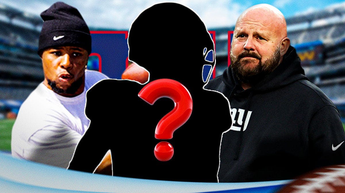 New York Giants head coach Brian Daboll with Eagles RB Saquon Barkley and a silhouette of an American football player with a question mark in the middle. There is also a logo for the New York Giants.