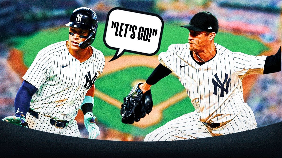 Tim Hill in a New York Yankees uniform on one side, Aaron Judge on the other side with a speech bubble that says "Let's go!"