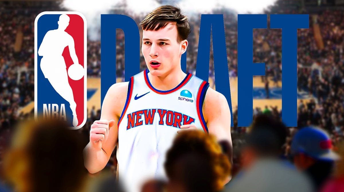 Tyler Kolek in a NY Knicks jersey with the NBA Draft logo and Knicks arena in the background