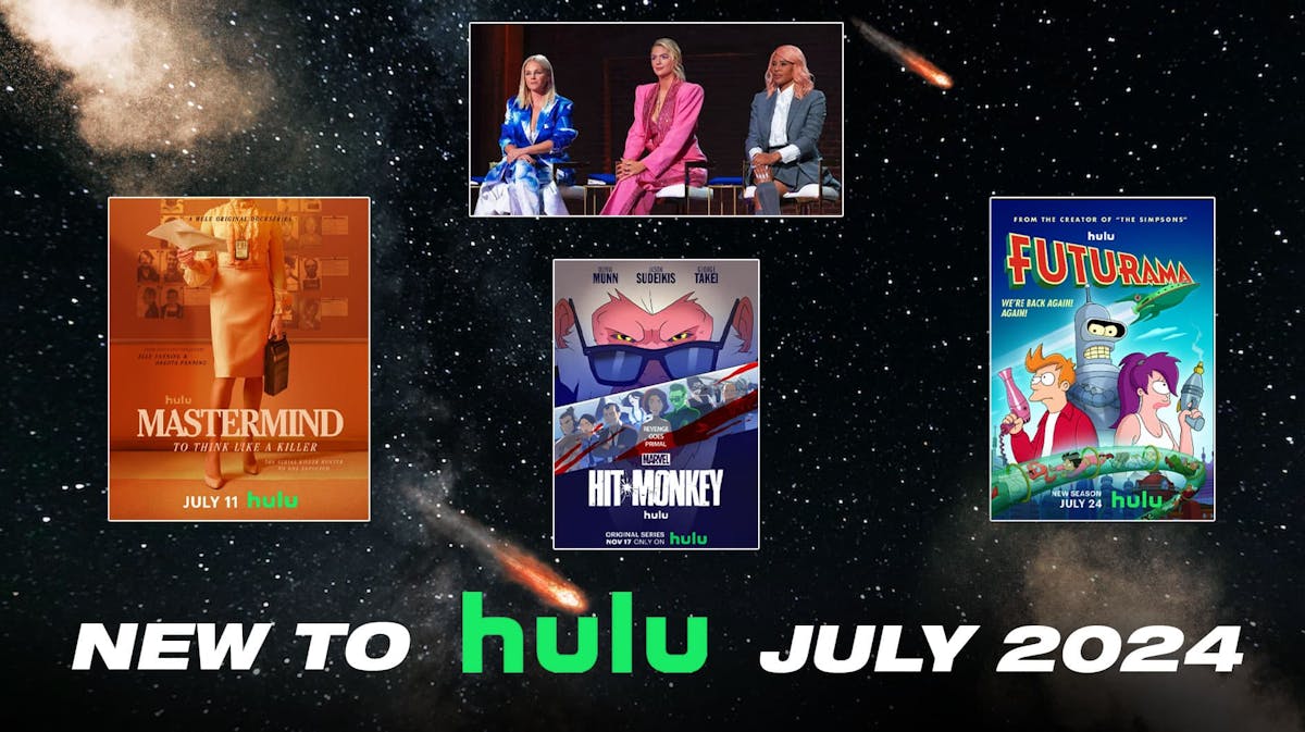 Clockwise from the top: Dress My Tour screen grab, Futurama, Hit Monkey, Mastermind; New to Hulu July 2024