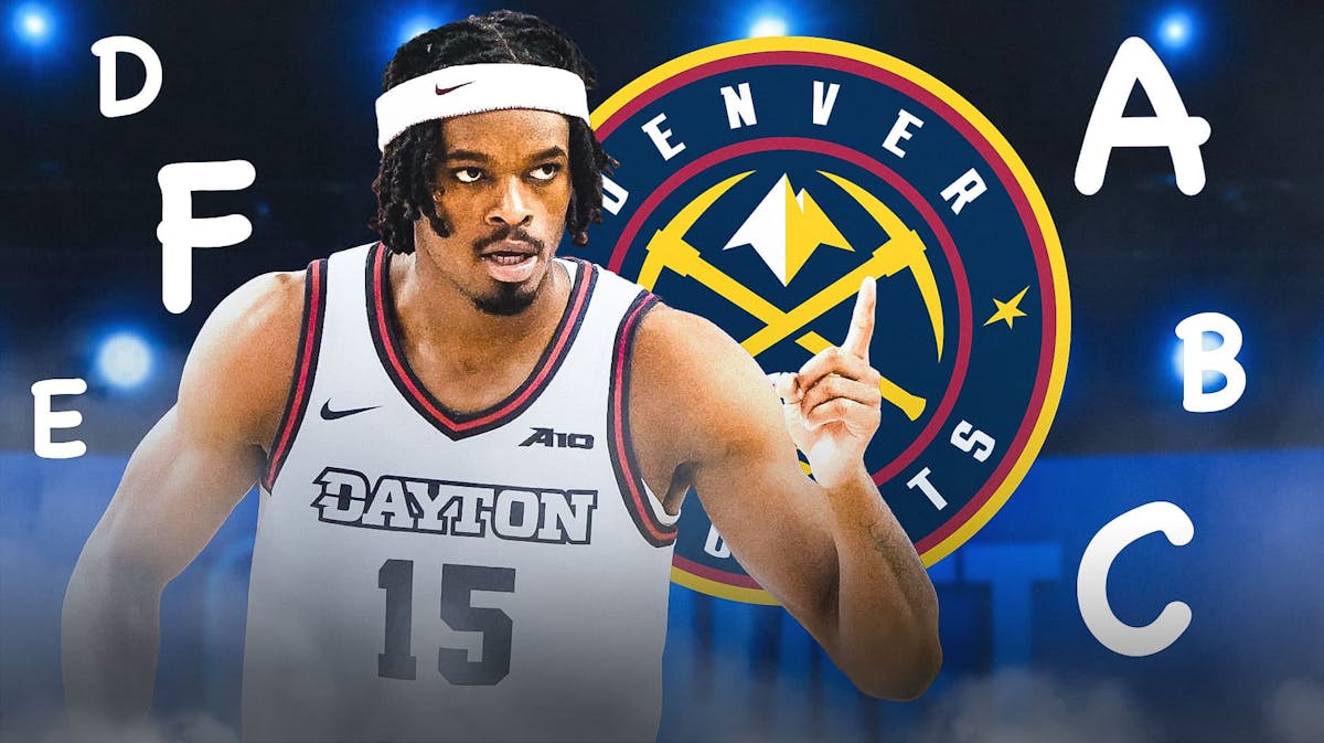 DaRon Holmes II looking excited/happy with the Nuggets logo behind him. Throw a bunch of NBA draft grades in random places on the graphic as well (A, B, C, D, and F.)