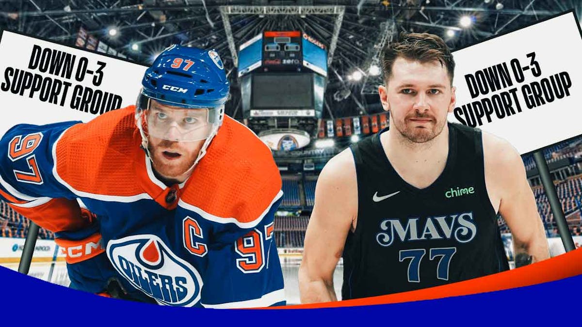 Oilers' Connor McDavid and Mavericks' Luka Doncic with a signboard of "DOWN 0-3 SUPPORT GROUP" on the side