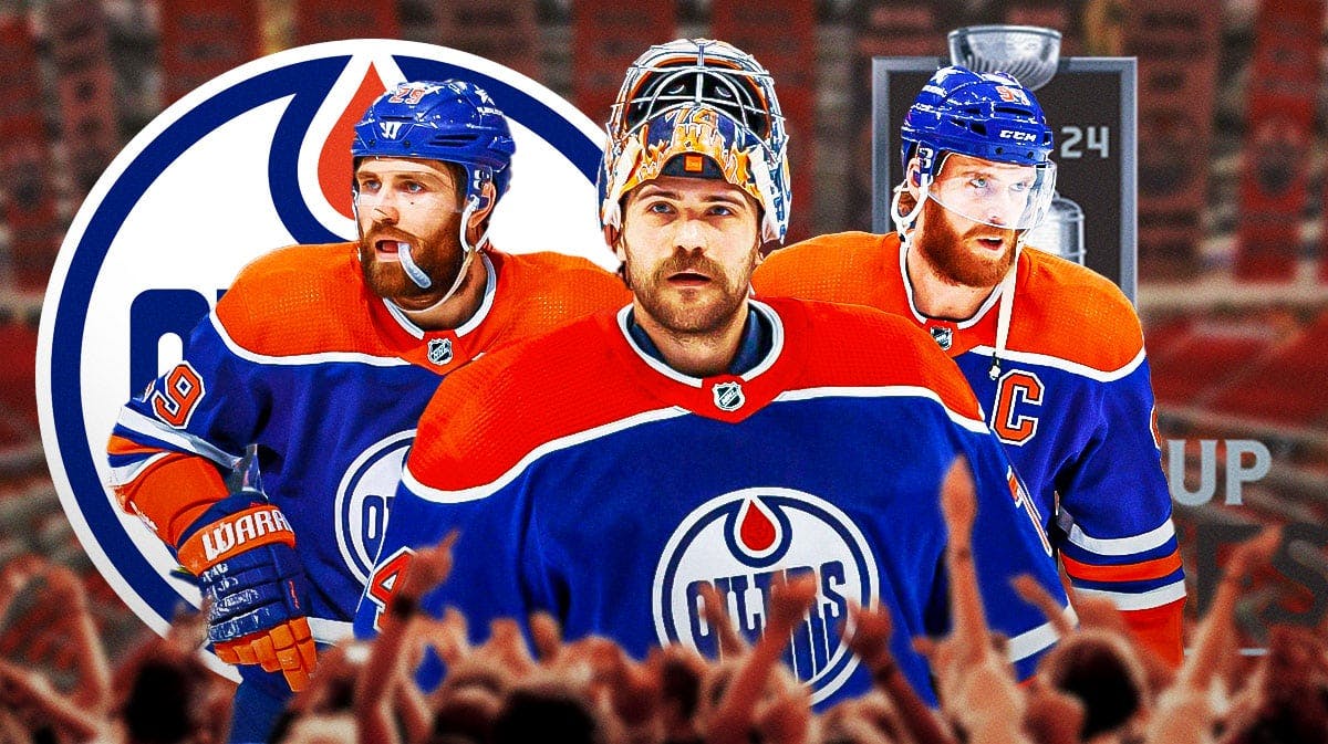Edmonton Oilers logo and Stanley Cup Finals logo in background. Stuart Skinner is prominently in the foreground, and also includes Connor McDavid and Leon Draisaitl.