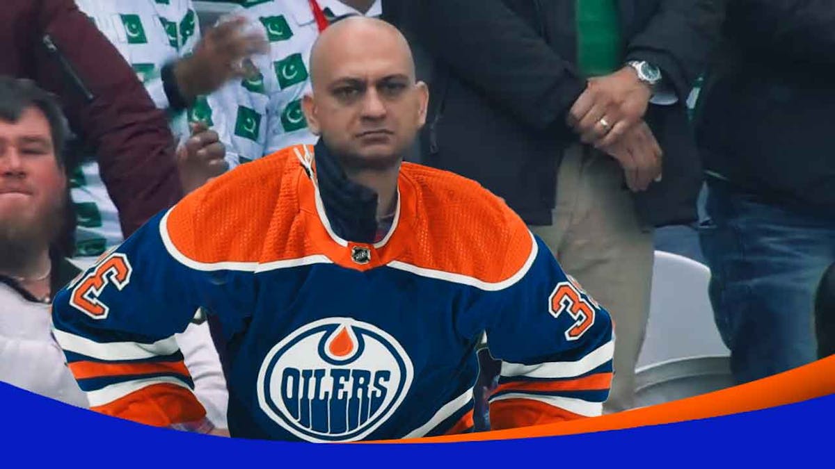 Annoyed cricket fan meme but wearing an Edmonton Oilers jersey