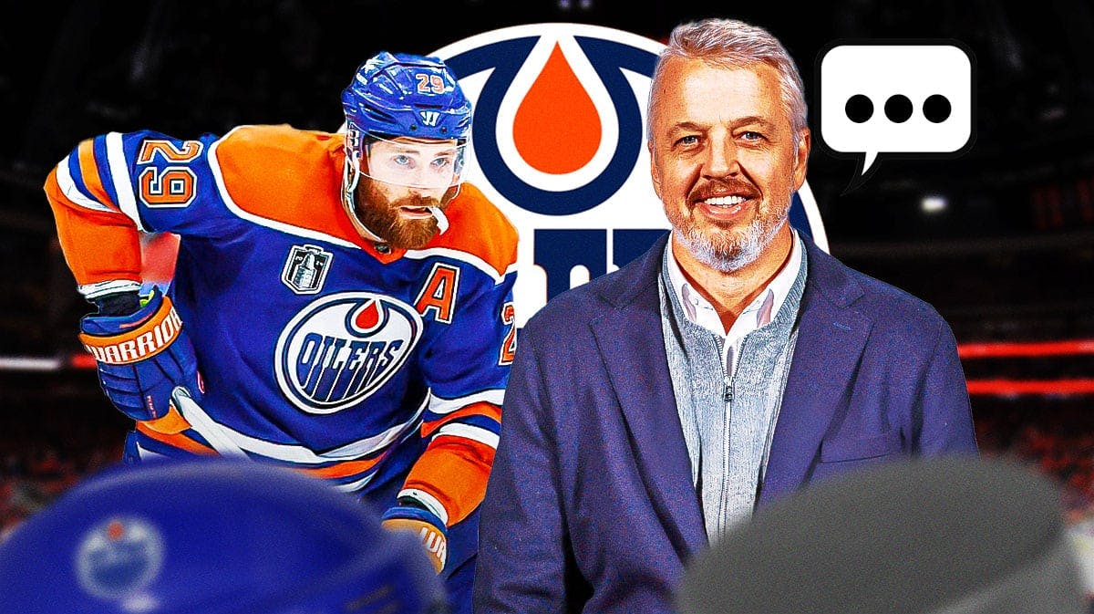 Edmonton Oilers CEO Jeff Jackson with a speech bubble and the three dots emoji inside. He is next to Oilers center Leon Draisaitl. There is also a logo for the Edmonton Oilers.