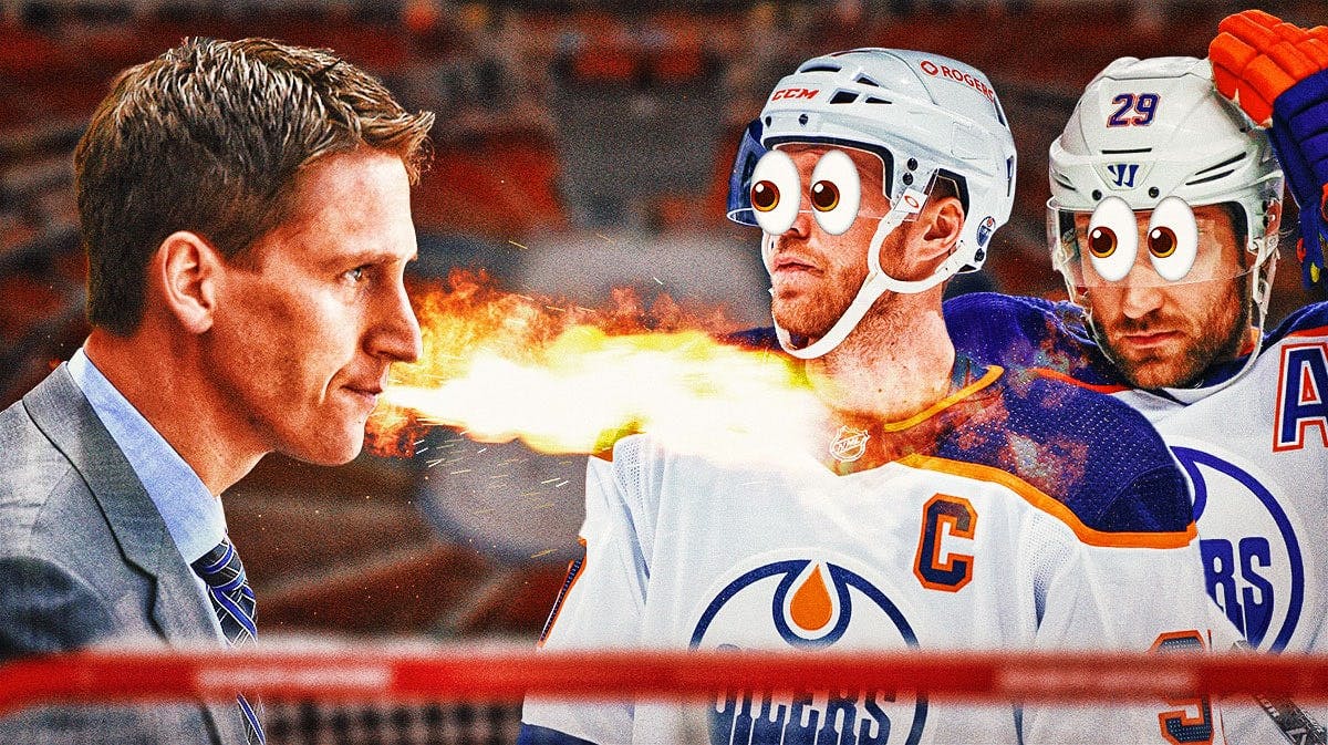 Kris Knoblauch on one side breathing fire, Connor McDavid and Leon Draisaitl on the other side with the big eyes emoji over their faces