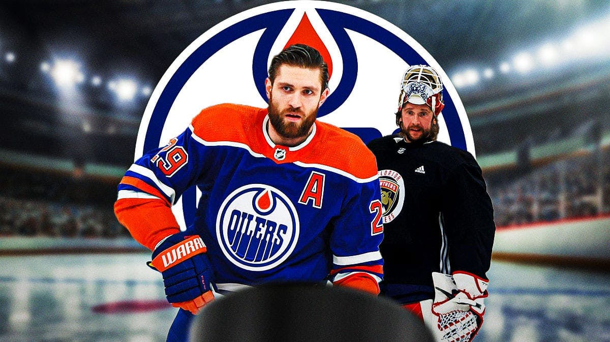 Leon Draisaitl in middle of image looking determined, Edmonton Oilers logo, Sergei Bobrovsky in image, hockey rink in background