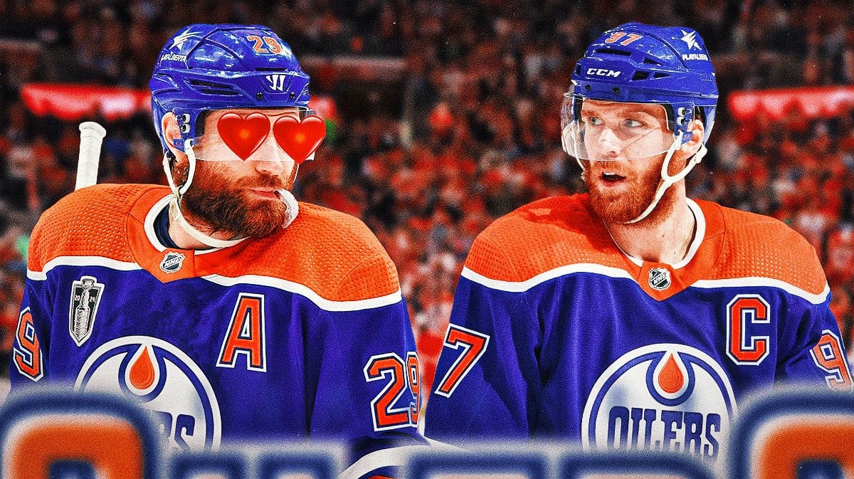 Leon Draisaitl with heart eyes looking at Connor McDavid