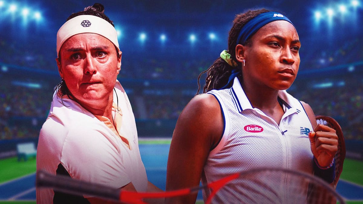 Women's tennis players Ons Jabeur and Coco Gauff, both with frustrated/upset or neutral expressions
