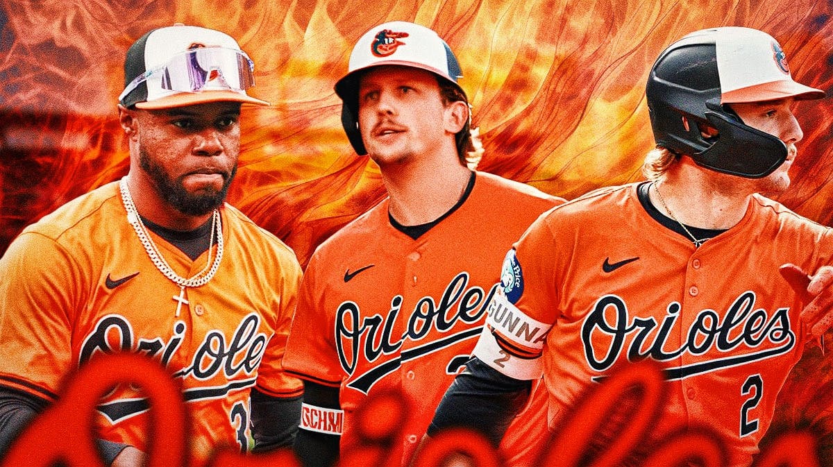 Baltimore Orioles players Gunnar Henderson, Adley Rutschman and Cedric Mullins with flames behind them