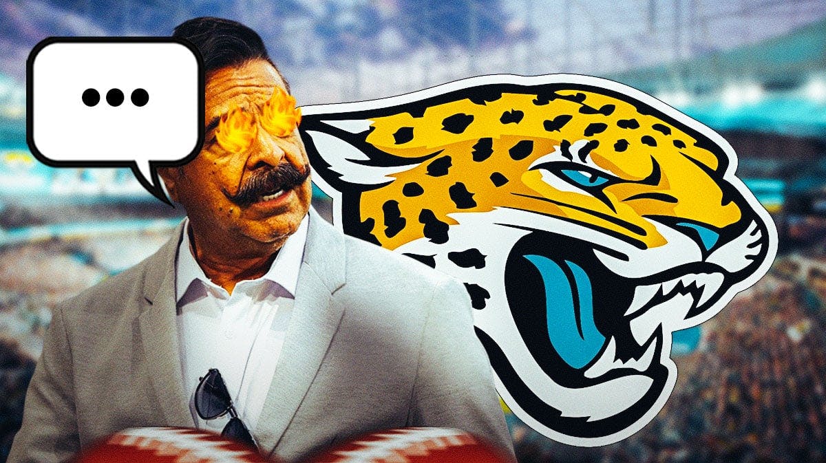 Jacksonville Jaguars owner Shad Khan with fire emojis in his eyes and a speech bubble with the three dots emoji inside. There is also a logo for the Jacksonville Jaguars.