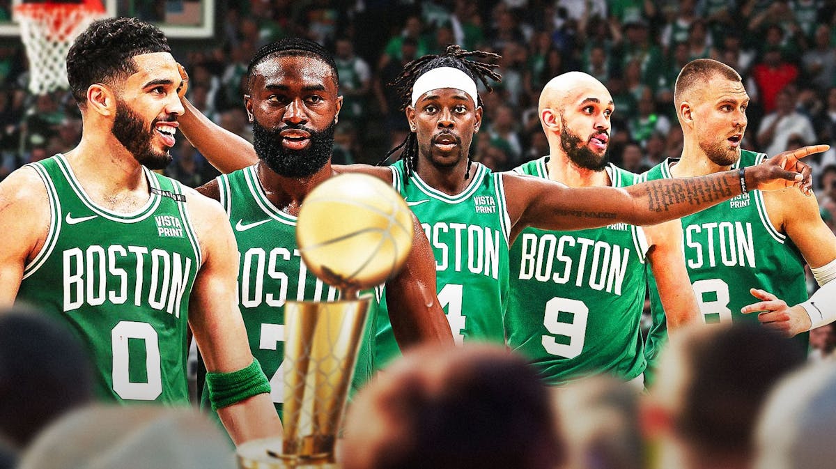Celtics' Jayson Tatum, Jaylen Brown, Jrue Holiday, Derrick White and Kristaps Porzingis with championship