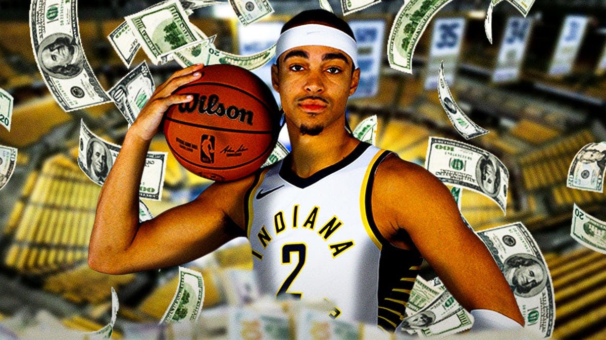 Pacers' Andrew Nembhard with dollar bills falling from the sky