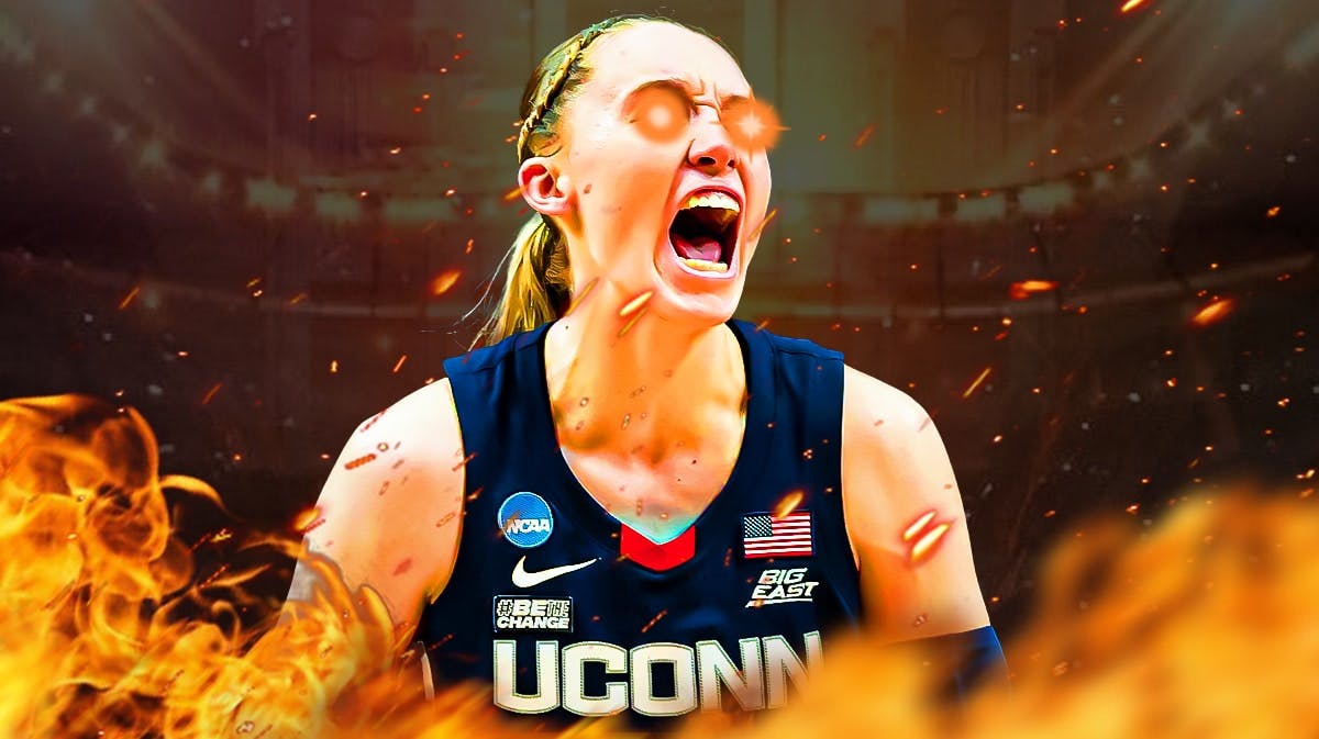 UConn women's basketball player Paige Bueckers, with flames around her and red laser eyes