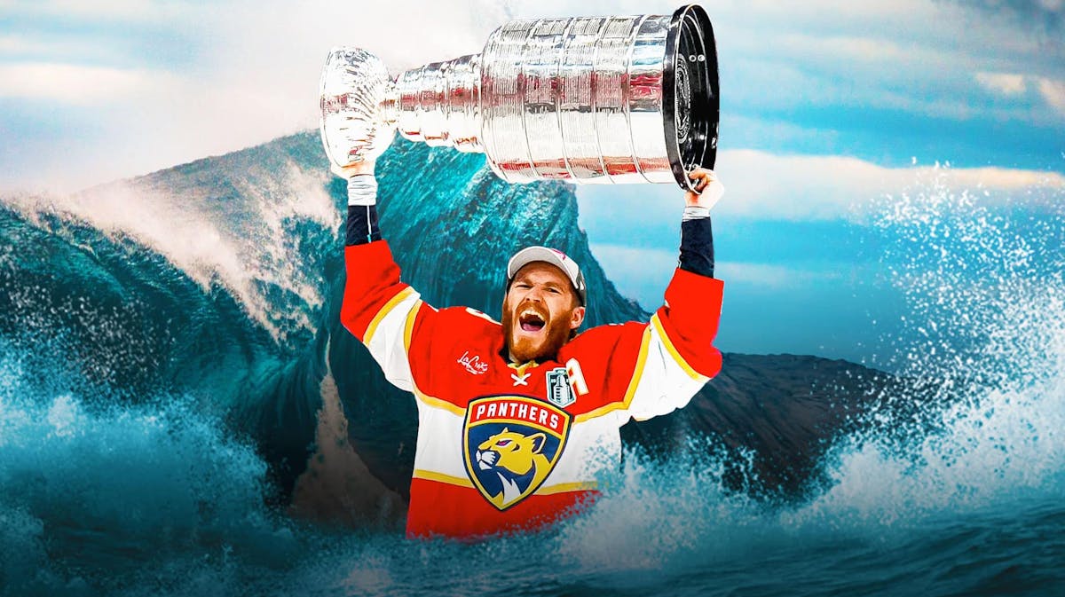 Photo: Matthew Tkachuk in Panthers jersey holding the Stanley Cup, have him in the ocean