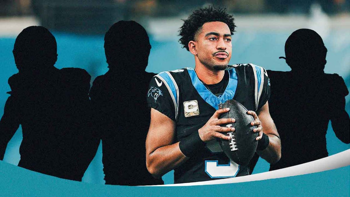 Bryce Young in the middle, 3 mystery players around him, Carolina Panthers wallpaper in the background
