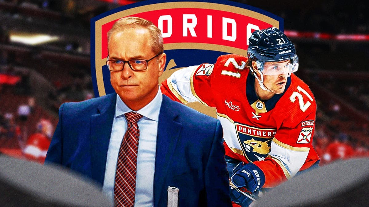 Paul Maurice and Nick Cousins both in image, Florida Panthers logo, hockey rink in background