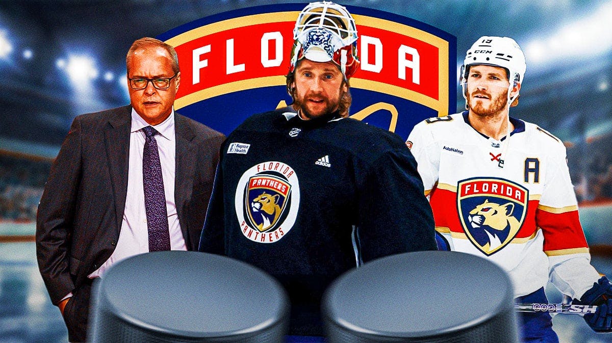 Sergei Bobrovsky in middle of image looking stern, Paul Maurice and Matthew Tkachuk on either side, Florida Panthers logo, hockey rink in background