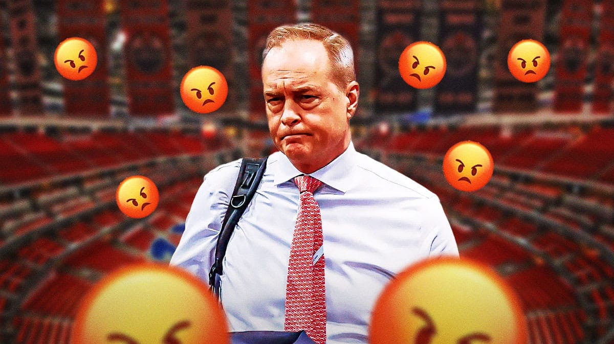 Paul Maurice with angry emojis around him. Oilers arena in background