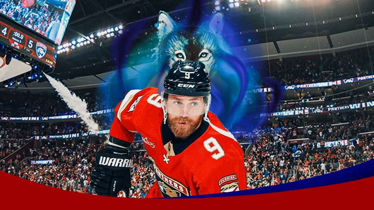 Sam Bennett celebrating an aura of a dog in the background see reference (https://static.tvtropes.org/pmwiki/pub/images/AnimalBattleAura_DragonBall_7209.JPG). Florida Panthers logo in the background.