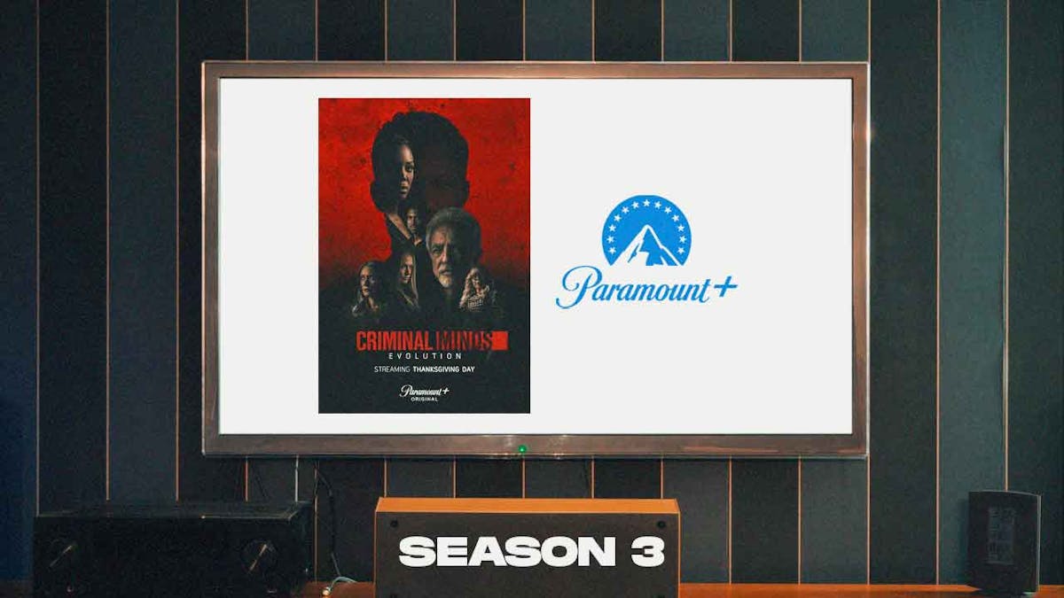 Criminal Minds: Evolution poster and Paramount+ logo inside a TV screen, Season 3