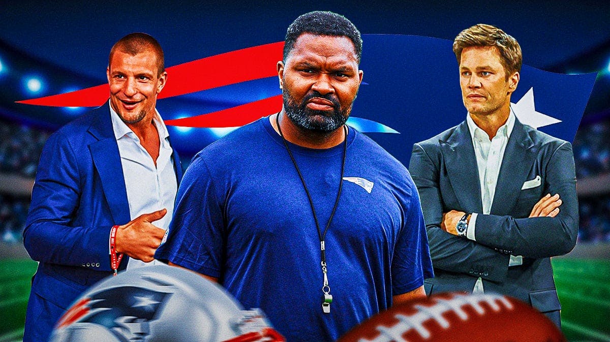 New England Patriots head coach Jerod Mayo with former NFL players Rob Gronkowski and Tom Brady. There is also a logo for the New England Patriots.