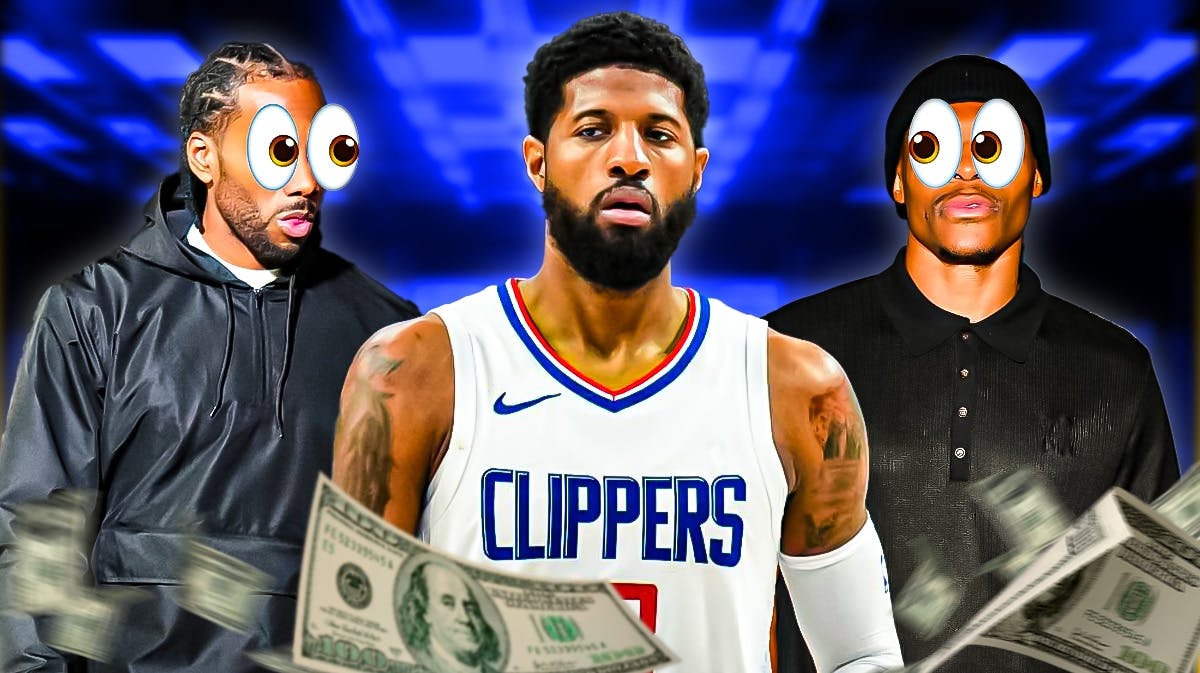 Paul George stands in Clippers jersey surrounde dby contract money before NBA free agency, 76ers fans in background