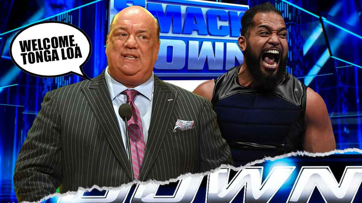 Paul Heyman with a text bubble reading "Welcome, Tonga Loa" next to Tonga Loa with the SmackDown logo as the background.