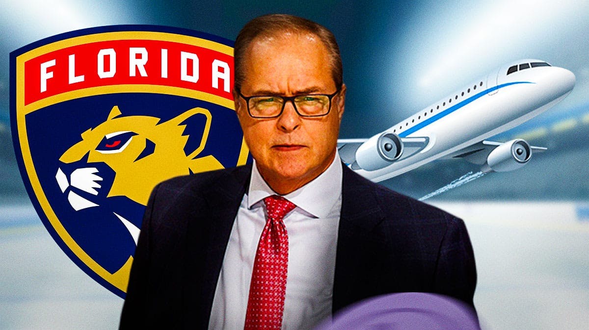 Paul Maurice in middle of image looking comical, airplane in image, Florida Panthers logo, hockey rink in background