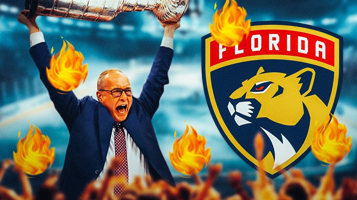 Paul Maurice in middle of image hoisting the Stanley Cup with fire around him, Florida Panthers logo, hockey rink in background