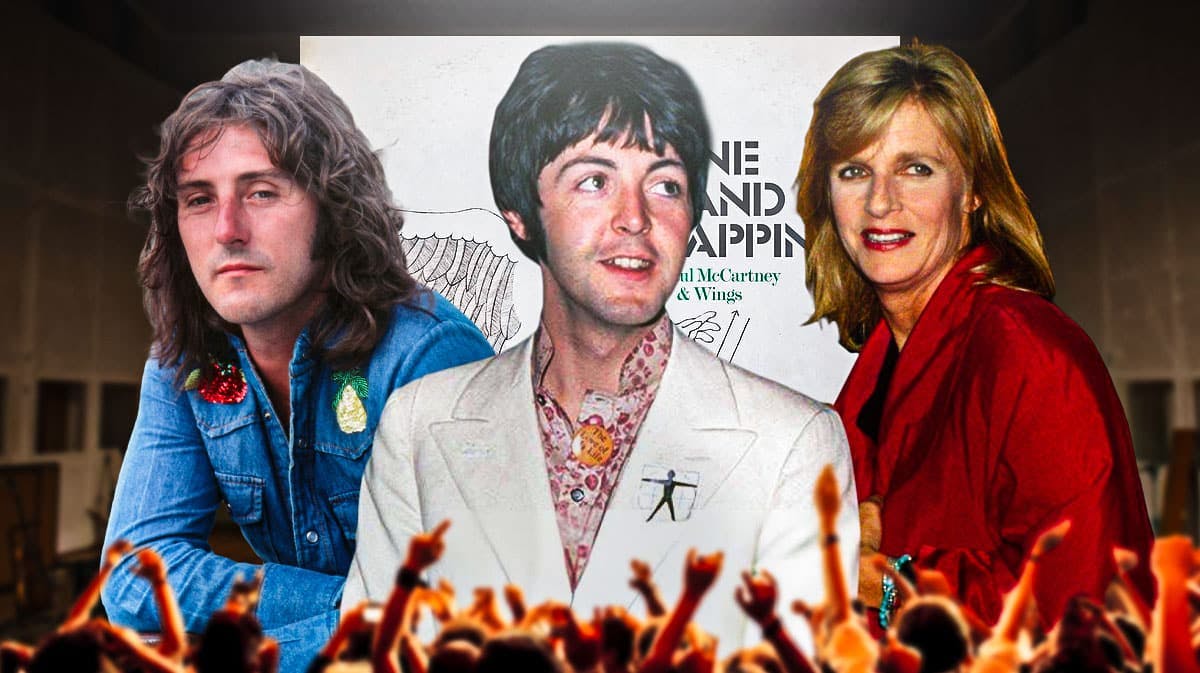 Wings members Denny Laine, Paul McCartney, and Linda McCartney with One Hand Clapping album cover and Abbey Road Studios background.