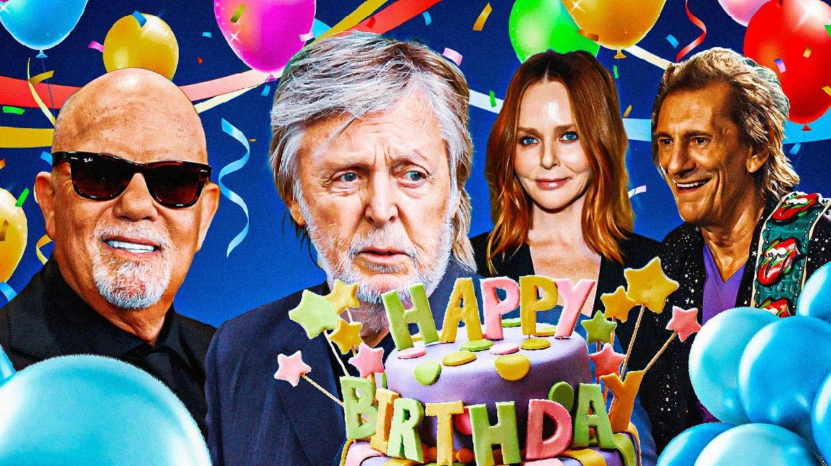 Former Beatles star Paul McCartney with birthday cake and balloons with Stella McCartney, Billy Joel, and Rolling Stones star Ronnie Wood.