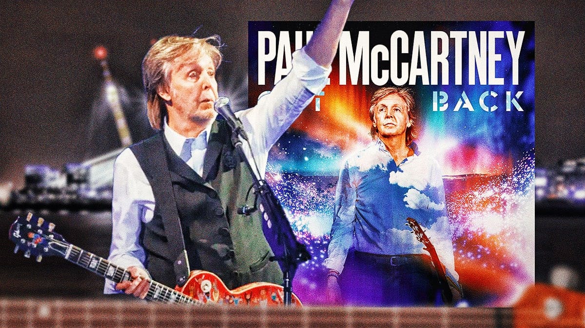 Paul McCartney with 2024 Got Back European tour logo and O2 arena in London, England, background.