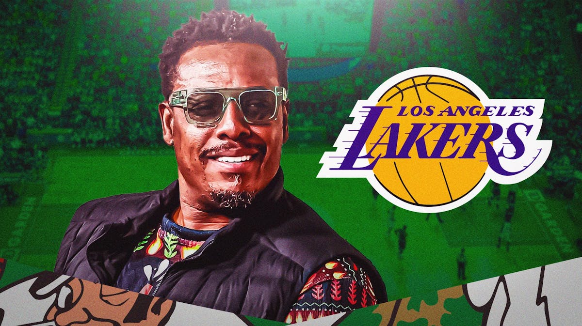 Paul Pierce laughs and tells the Lakers logo "you guys suck!"