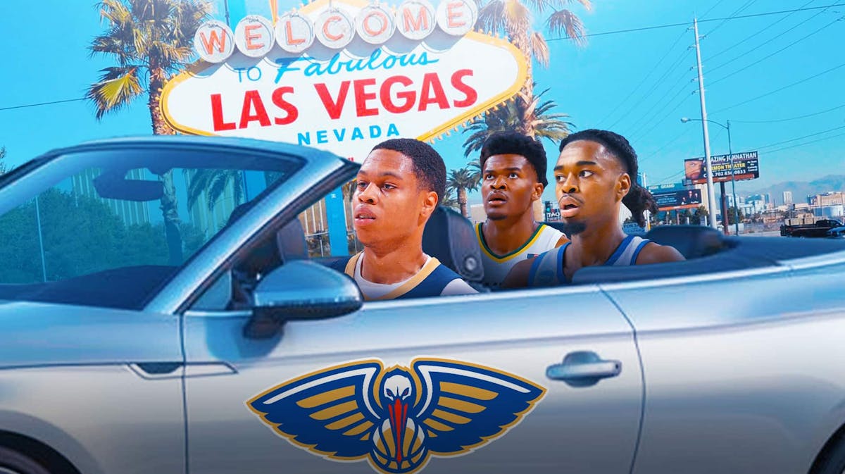 Yves Missi, Antonio Reeves, and Jordan Hawkins in a Pelicans branded convertible driving towards/into Las Vegas.