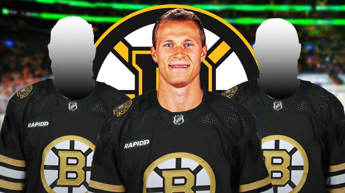 Jakob Chychrun in a Boston Bruins jersey with two Bruins silhouettes behind him. Ice Rink and Bruins logo in background