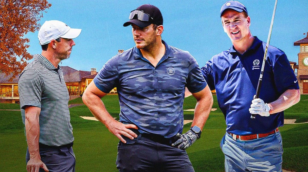 PGA Tour's Rory McIlroy stands next to Peyton Manning, Chris Pratt at Memorial Pro-Am