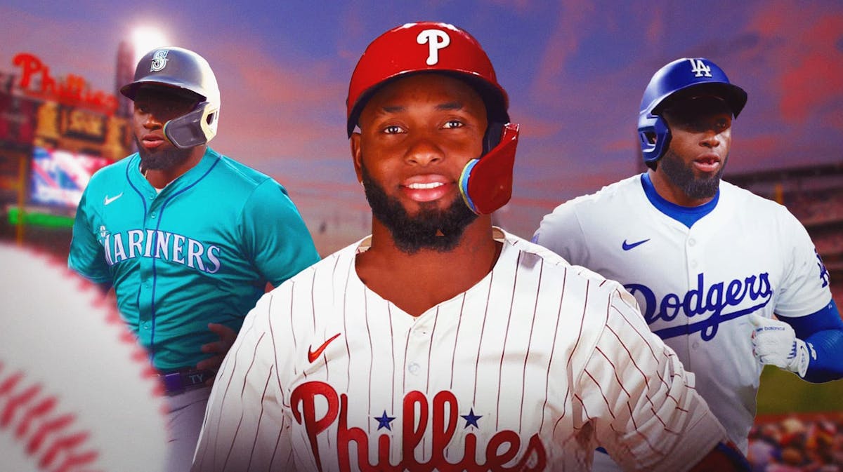 Luis Robert Jr. pictured three times. The largest image of Luis Robert Jr. in a Philadelphia Phillies uniform, then a smaller image of Luis Robert Jr. in a Los Angeles Dodgers uniform, followed by the smallest image of Luis Robert Jr. in a Seattle Mariners uniform. He's most likely to sign with the 1. the Phillies, then 2. the Dodgers, 3. Seattle